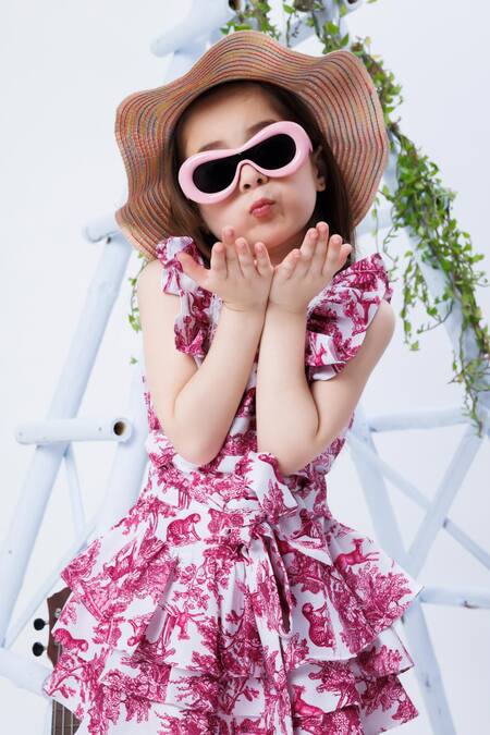 Shop Hoity Moppet Pink Twill, Crepe Lace Girl Talk Jungle Print Dress Online at Aza Fashions Shop_Hoity Moppet_Pink Twill, Crepe Lace Girl Talk Jungle Print Dress _Online_at_Aza_Fashions