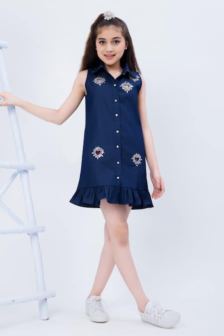 Shop Hoity Moppet Blue Denim Embroidery To Shirt Dress at Aza Fashions Shop_Hoity Moppet_Blue Denim Embroidery To Shirt Dress _at_Aza_Fashions