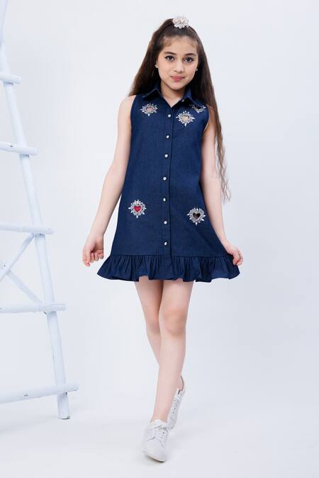 Hoity Moppet Blue Denim Embroidery To Shirt Dress Online at Aza Fashions Hoity Moppet_Blue Denim Embroidery To Shirt Dress _Online_at_Aza_Fashions