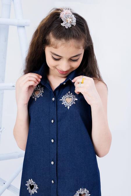 Hoity Moppet Blue Denim Embroidery To Shirt Dress at Aza Fashions Hoity Moppet_Blue Denim Embroidery To Shirt Dress _at_Aza_Fashions