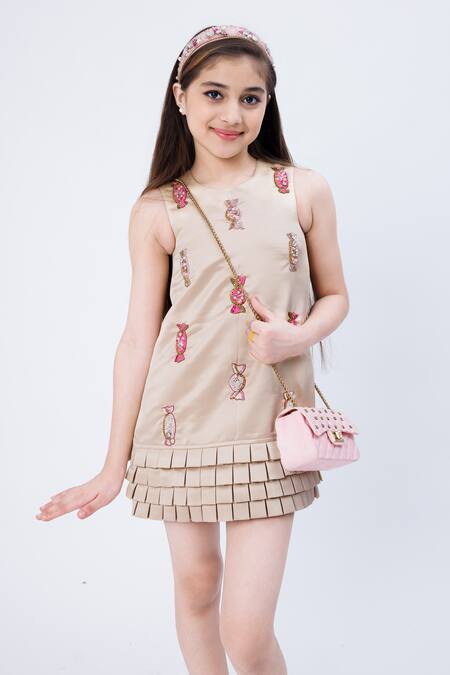 Shop Hoity Moppet Beige Satin Beads, Stones, Crystals Melody Candy Embroidered Dress Online at Aza Fashions Shop_Hoity Moppet_Beige Satin Beads, Stones, Crystals Melody Candy Embroidered Dress _Online_at_Aza_Fashions