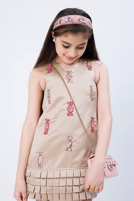 Hoity Moppet Beige Satin Beads, Stones, Crystals Melody Candy Embroidered Dress at Aza Fashions Hoity Moppet_Beige Satin Beads, Stones, Crystals Melody Candy Embroidered Dress _at_Aza_Fashions