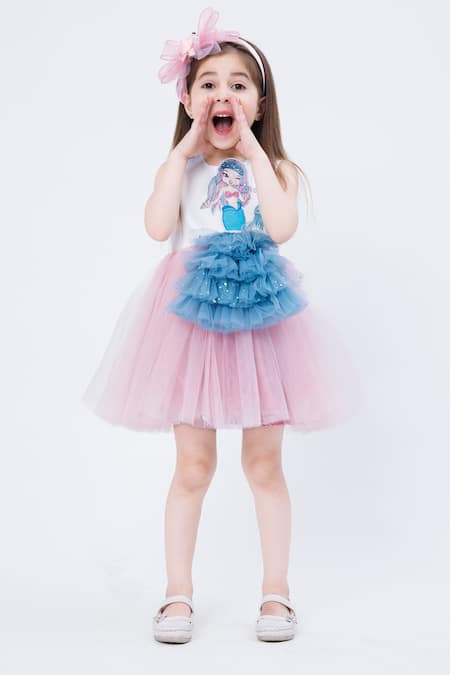 Shop Hoity Moppet White Crepe Ruffles, Patchwork Mermaid Embroidered Dress at Aza Fashions Shop_Hoity Moppet_White Crepe Ruffles, Patchwork Mermaid Embroidered Dress _at_Aza_Fashions