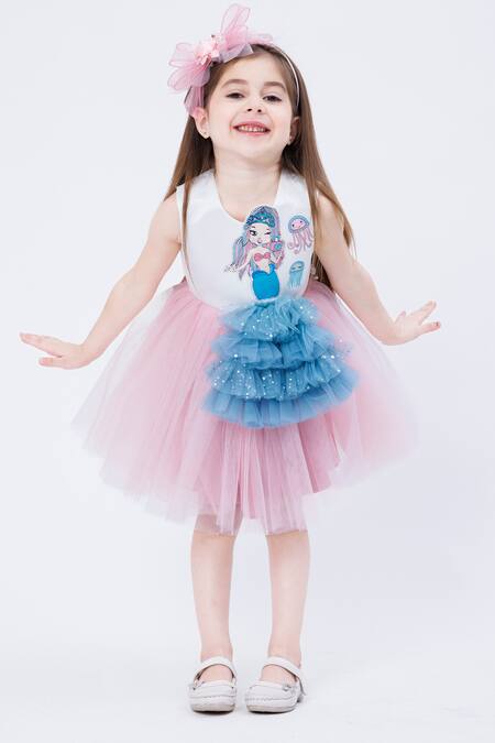 Hoity Moppet White Crepe Ruffles, Patchwork Mermaid Embroidered Dress Online at Aza Fashions Hoity Moppet_White Crepe Ruffles, Patchwork Mermaid Embroidered Dress _Online_at_Aza_Fashions