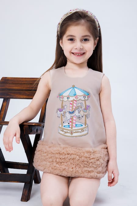 Hoity Moppet_Beige Satin Embroidery Merry Go Round Carousel Dress _Online_at_Aza_Fashions