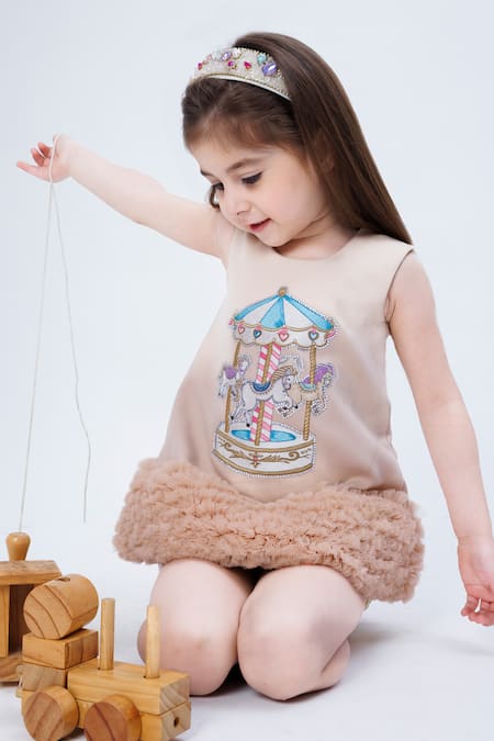 Buy_Hoity Moppet_Beige Satin Embroidery Merry Go Round Carousel Dress _Online_at_Aza_Fashions