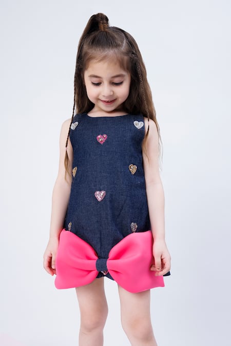 Shop Hoity Moppet Blue Denim Beads, Cut Work Heart Embroidered Dress at Aza Fashions Shop_Hoity Moppet_Blue Denim Beads, Cut Work Heart Embroidered Dress _at_Aza_Fashions