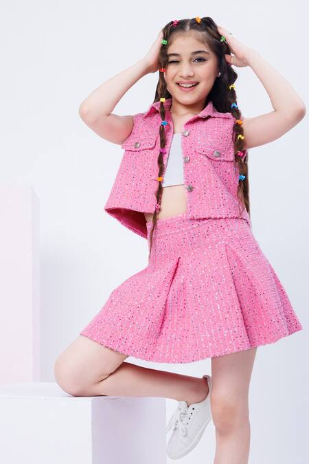 Buy Hoity Moppet Pink Denim Sequins Plush Up Work Jacket And Skirt Set Buy_Hoity Moppet_Pink Denim Sequins Plush Up Work Jacket And Skirt Set