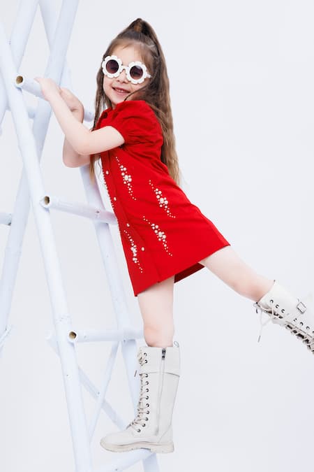 Shop Hoity Moppet Red Cotton Pearls Embellished Shirt Dress at Aza Fashions Shop_Hoity Moppet_Red Cotton Pearls Embellished Shirt Dress _at_Aza_Fashions