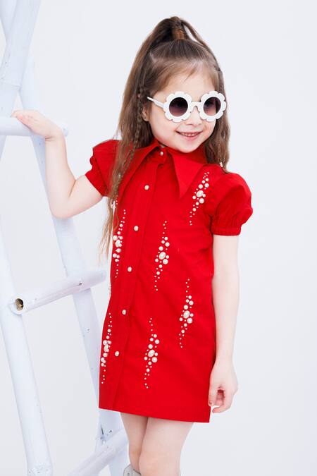 Hoity Moppet Red Cotton Pearls Embellished Shirt Dress Online at Aza Fashions Hoity Moppet_Red Cotton Pearls Embellished Shirt Dress _Online_at_Aza_Fashions