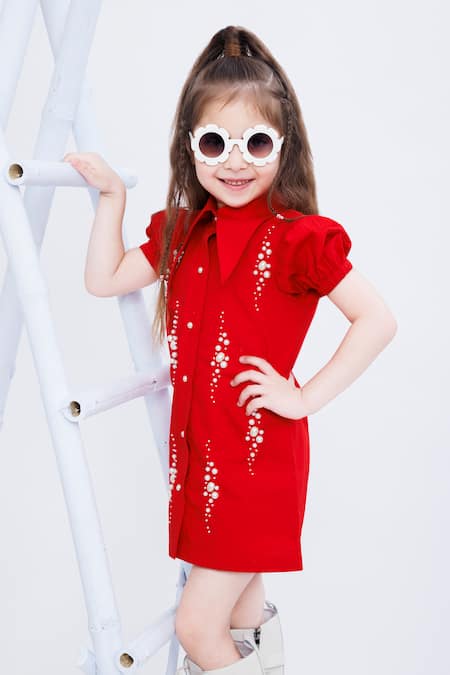 Buy Hoity Moppet Red Cotton Pearls Embellished Shirt Dress Online at Aza Fashions Buy_Hoity Moppet_Red Cotton Pearls Embellished Shirt Dress _Online_at_Aza_Fashions