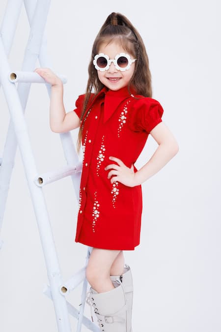 Shop Hoity Moppet Red Cotton Pearls Embellished Shirt Dress Online at Aza Fashions Shop_Hoity Moppet_Red Cotton Pearls Embellished Shirt Dress _Online_at_Aza_Fashions