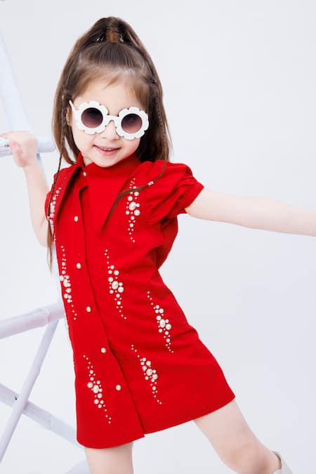 Hoity Moppet Red Cotton Pearls Embellished Shirt Dress at Aza Fashions Hoity Moppet_Red Cotton Pearls Embellished Shirt Dress _at_Aza_Fashions