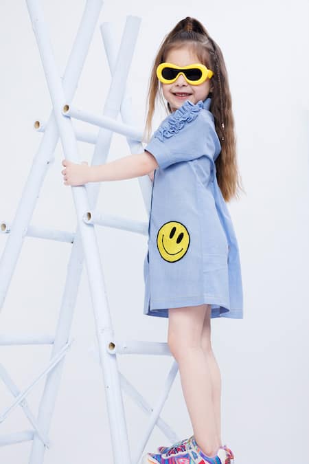 Shop Hoity Moppet Blue Denim, Cotton Embroidery Smiley Patchwork Shirt Dress at Aza Fashions Shop_Hoity Moppet_Blue Denim, Cotton Embroidery Smiley Patchwork Shirt Dress _at_Aza_Fashions