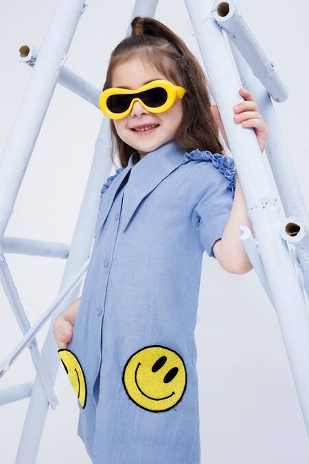 Buy Hoity Moppet Blue Denim, Cotton Embroidery Smiley Patchwork Shirt Dress Online at Aza Fashions Buy_Hoity Moppet_Blue Denim, Cotton Embroidery Smiley Patchwork Shirt Dress _Online_at_Aza_Fashions