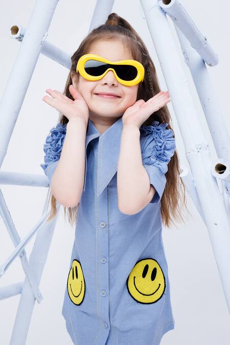 Shop Hoity Moppet Blue Denim, Cotton Embroidery Smiley Patchwork Shirt Dress Online at Aza Fashions Shop_Hoity Moppet_Blue Denim, Cotton Embroidery Smiley Patchwork Shirt Dress _Online_at_Aza_Fashions