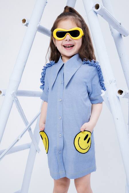 Hoity Moppet Blue Denim, Cotton Embroidery Smiley Patchwork Shirt Dress at Aza Fashions Hoity Moppet_Blue Denim, Cotton Embroidery Smiley Patchwork Shirt Dress _at_Aza_Fashions