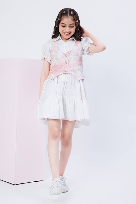 Hoity Moppet White Crepe, Denim Sequins Soft Shell Shirt Dress With Embroidered Waistcoat Online at Aza Fashions Hoity Moppet_White Crepe, Denim Sequins Soft Shell Shirt Dress With Embroidered Waistcoat _Online_at_Aza_Fashions