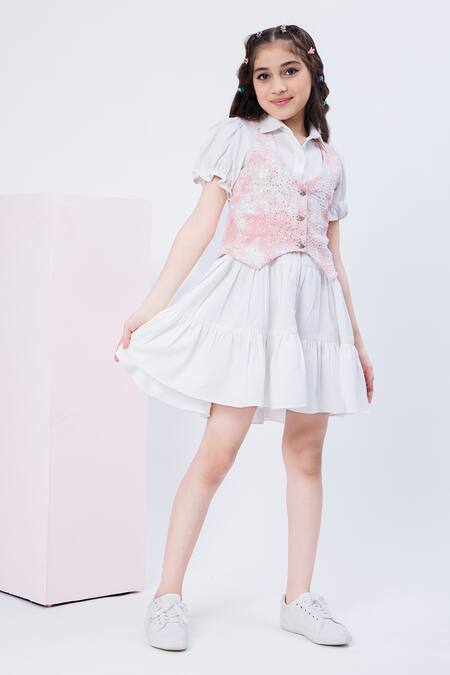 Buy Hoity Moppet White Crepe, Denim Sequins Soft Shell Shirt Dress With Embroidered Waistcoat Online at Aza Fashions Buy_Hoity Moppet_White Crepe, Denim Sequins Soft Shell Shirt Dress With Embroidered Waistcoat _Online_at_Aza_Fashions