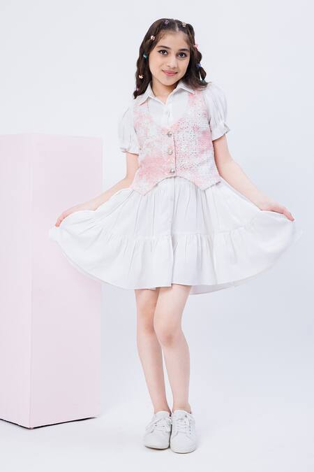 Shop Hoity Moppet White Crepe, Denim Sequins Soft Shell Shirt Dress With Embroidered Waistcoat Online at Aza Fashions Shop_Hoity Moppet_White Crepe, Denim Sequins Soft Shell Shirt Dress With Embroidered Waistcoat _Online_at_Aza_Fashions