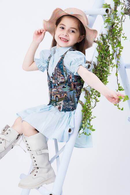 Hoity Moppet Blue Jacquard, Poplin Spot Light Shirt Dress With Woven Waistcoat Online at Aza Fashions Hoity Moppet_Blue Jacquard, Poplin Spot Light Shirt Dress With Woven Waistcoat _Online_at_Aza_Fashions