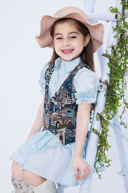 Shop Hoity Moppet Blue Jacquard, Poplin Spot Light Shirt Dress With Woven Waistcoat Online at Aza Fashions Shop_Hoity Moppet_Blue Jacquard, Poplin Spot Light Shirt Dress With Woven Waistcoat _Online_at_Aza_Fashions