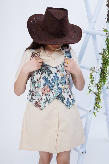 Hoity Moppet_Beige Jacquard, Poplin Embroidery Wood Winked Dress With Woven Waistcoat _at_Aza_Fashions