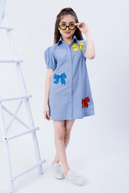 Shop Hoity Moppet Blue Denim, Cotton Embroidery Y Knot Dress at Aza Fashions Shop_Hoity Moppet_Blue Denim, Cotton Embroidery Y Knot Dress _at_Aza_Fashions
