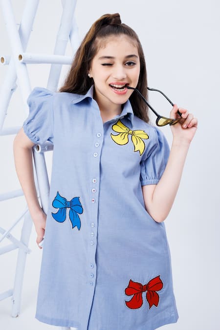 Shop Hoity Moppet Blue Denim, Cotton Embroidery Y Knot Dress Online at Aza Fashions Shop_Hoity Moppet_Blue Denim, Cotton Embroidery Y Knot Dress _Online_at_Aza_Fashions