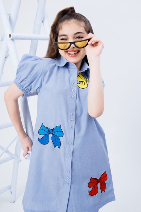 Hoity Moppet Blue Denim, Cotton Embroidery Y Knot Dress at Aza Fashions Hoity Moppet_Blue Denim, Cotton Embroidery Y Knot Dress _at_Aza_Fashions