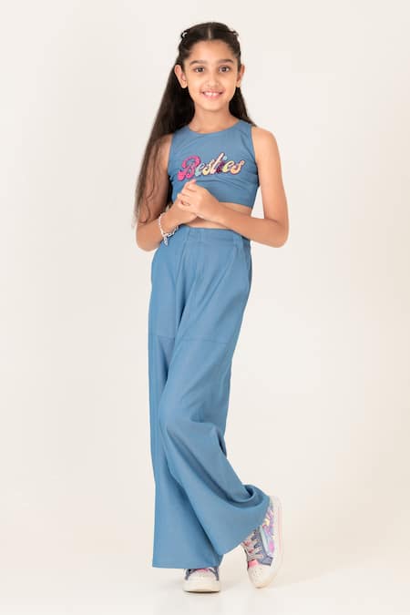 Panchhi by Kanupriya Tibrewala Blue Soft Denim Embroidered Thread Besties Crop Top With Pant 