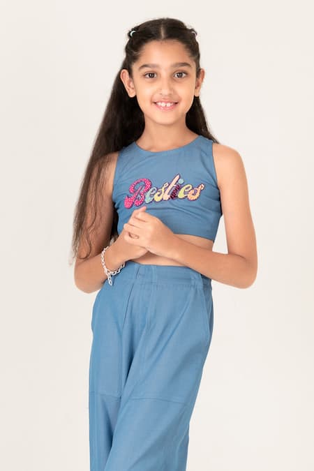 Panchhi By Kanupriya Tibrewala_Blue Denim Embroidery Besties Crop Top With Pant_Online_at_Aza_Fashions