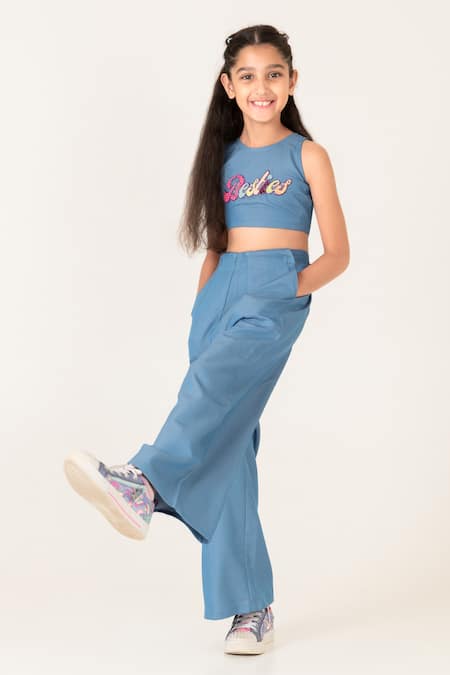 Buy_Panchhi By Kanupriya Tibrewala_Blue Denim Embroidery Besties Crop Top With Pant_Online_at_Aza_Fashions