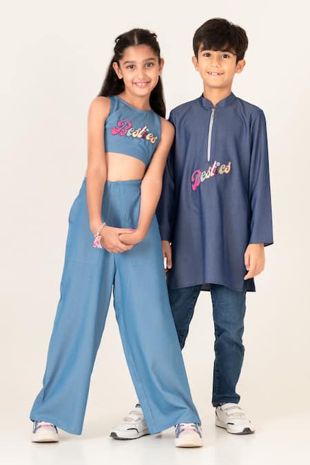 Shop_Panchhi By Kanupriya Tibrewala_Blue Denim Embroidery Besties Crop Top With Pant_Online_at_Aza_Fashions