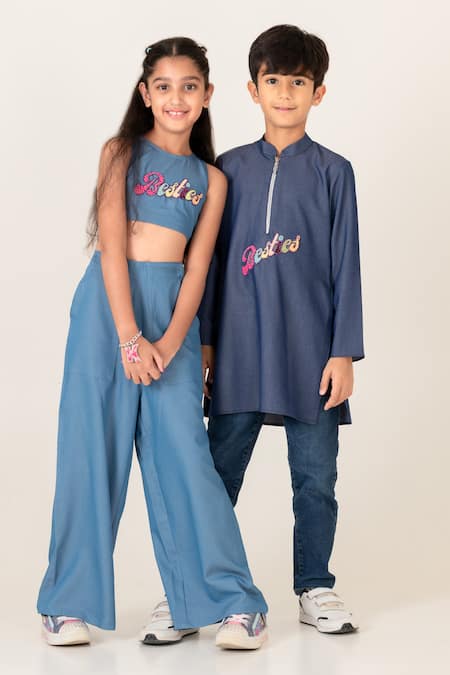 Shop Panchhi By Kanupriya Tibrewala Blue Denim Embroidery Besties Kurta With Pant at Aza Fashions Shop_Panchhi By Kanupriya Tibrewala_Blue Denim Embroidery Besties Kurta With Pant_at_Aza_Fashions