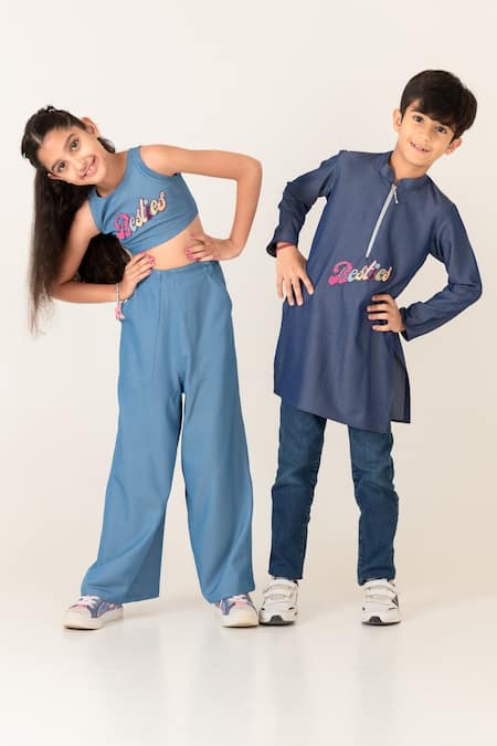 Panchhi By Kanupriya Tibrewala Blue Denim Embroidery Besties Kurta With Pant Online at Aza Fashions Panchhi By Kanupriya Tibrewala_Blue Denim Embroidery Besties Kurta With Pant_Online_at_Aza_Fashions