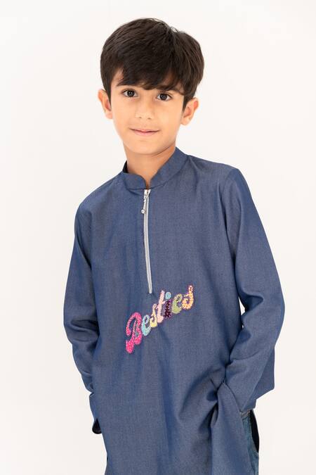 Buy Panchhi By Kanupriya Tibrewala Blue Denim Embroidery Besties Kurta With Pant Online at Aza Fashions Buy_Panchhi By Kanupriya Tibrewala_Blue Denim Embroidery Besties Kurta With Pant_Online_at_Aza_Fashions