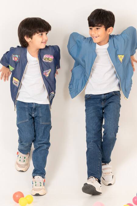 Buy_Panchhi By Kanupriya Tibrewala_Blue Denim Embroidery Alphabet Jacket_Online_at_Aza_Fashions
