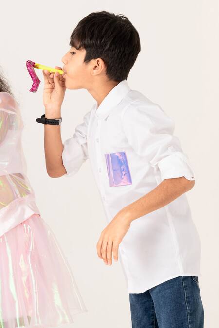 Panchhi By Kanupriya Tibrewala White Cotton Boy You Shine Shirt Online at Aza Fashions Panchhi By Kanupriya Tibrewala_White Cotton Boy You Shine Shirt_Online_at_Aza_Fashions