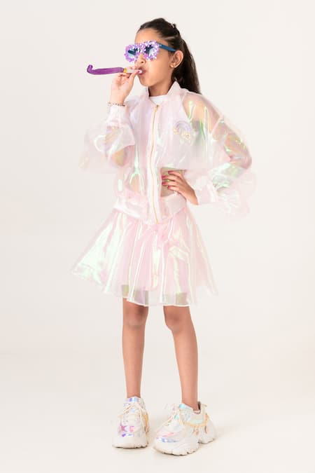 Shop Panchhi By Kanupriya Tibrewala Pink Applique Girl You Shine Sheer Jacket With Skirt at Aza Fashions Shop_Panchhi By Kanupriya Tibrewala_Pink Applique Girl You Shine Sheer Jacket With Skirt_at_Aza_Fashions