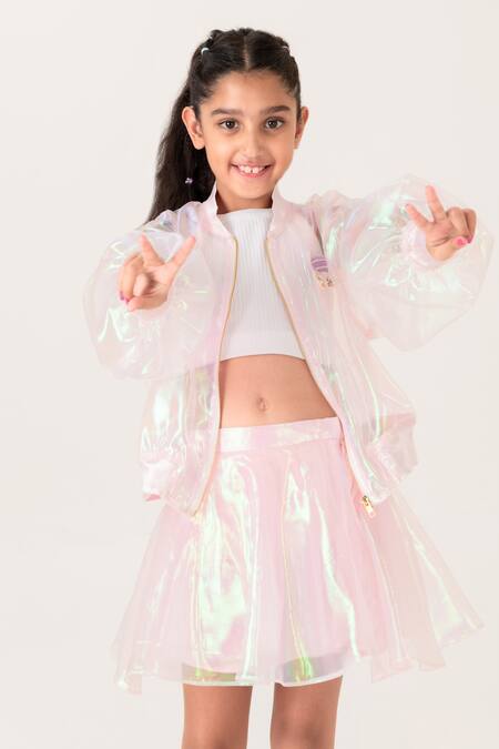 Panchhi By Kanupriya Tibrewala Pink Applique Girl You Shine Sheer Jacket With Skirt Online at Aza Fashions Panchhi By Kanupriya Tibrewala_Pink Applique Girl You Shine Sheer Jacket With Skirt_Online_at_Aza_Fashions