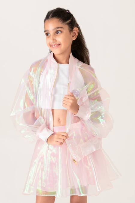 Buy Panchhi By Kanupriya Tibrewala Pink Applique Girl You Shine Sheer Jacket With Skirt Online at Aza Fashions Buy_Panchhi By Kanupriya Tibrewala_Pink Applique Girl You Shine Sheer Jacket With Skirt_Online_at_Aza_Fashions