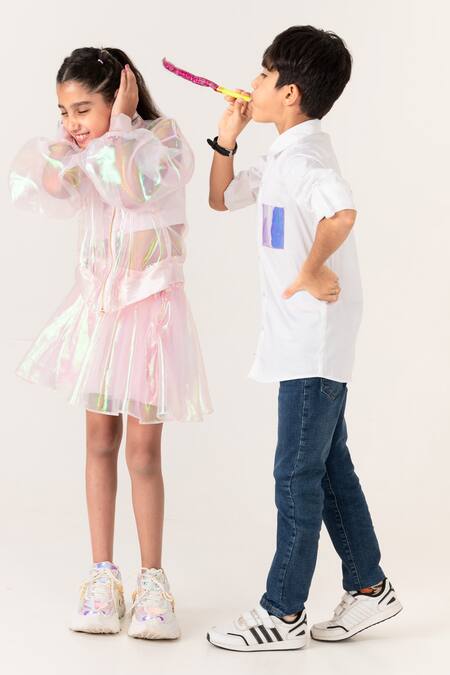 Shop Panchhi By Kanupriya Tibrewala Pink Applique Girl You Shine Sheer Jacket With Skirt Online at Aza Fashions Shop_Panchhi By Kanupriya Tibrewala_Pink Applique Girl You Shine Sheer Jacket With Skirt_Online_at_Aza_Fashions