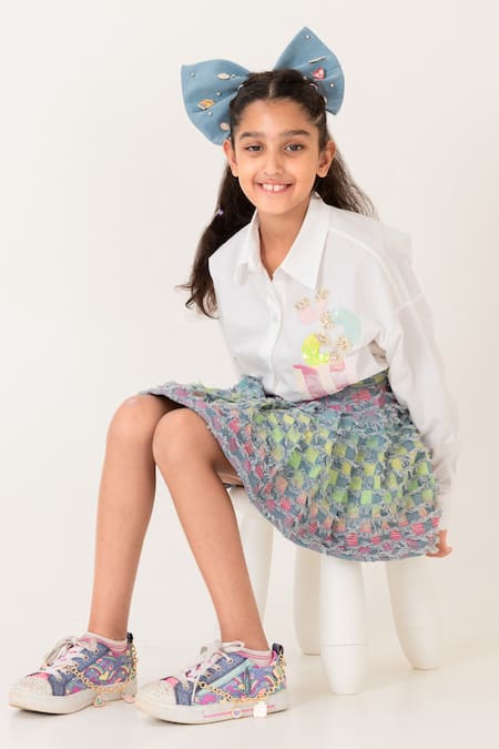 Panchhi By Kanupriya Tibrewala_White Cotton, Poplin Applique Rainbows In My Pocket Shirt With Skirt_Online_at_Aza_Fashions