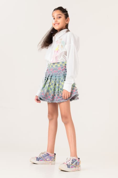 Buy_Panchhi By Kanupriya Tibrewala_White Cotton, Poplin Applique Rainbows In My Pocket Shirt With Skirt_Online_at_Aza_Fashions