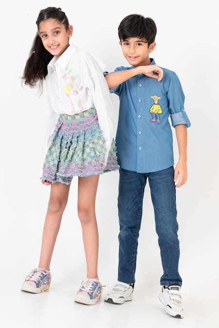 Shop_Panchhi By Kanupriya Tibrewala_White Cotton, Poplin Applique Rainbows In My Pocket Shirt With Skirt_Online_at_Aza_Fashions