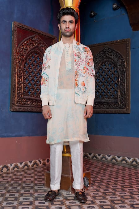 Ankur J Floral Print Bomber Jacket Kurta Set 