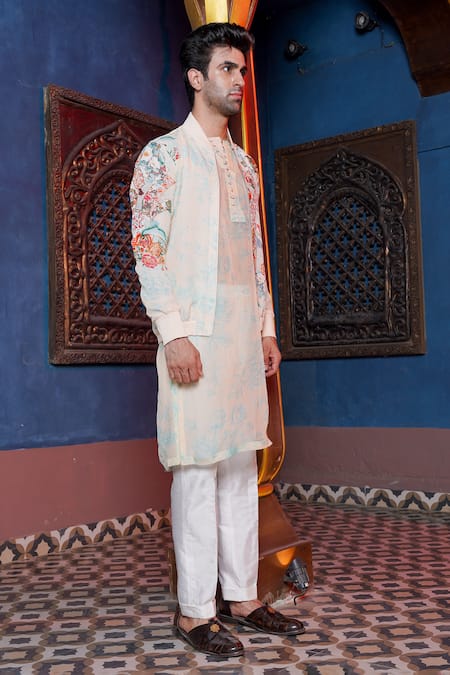 Ankur J_Cream Habutai Silk Printed Floral Bomber Jacket Kurta Set _Online_at_Aza_Fashions