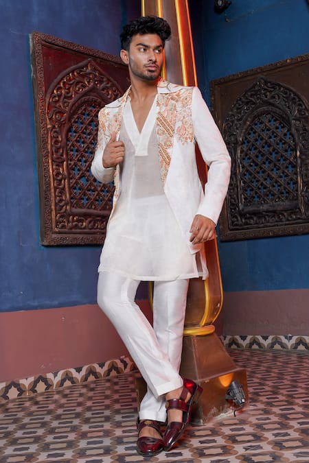 Ankur J_Cream Habutai Silk Printed Floral Blazer Kurta Set _Online_at_Aza_Fashions