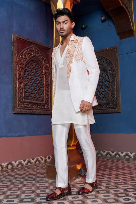 Ankur J_Cream Habutai Silk Printed Floral Blazer Kurta Set _at_Aza_Fashions